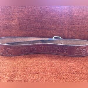 Vintage tooled Brown Leather Belt with 'GEORGE' Embossing and floral design